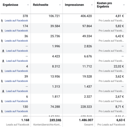 Meta Ads Übersicht: 1.168 Leads bei 1,49 Mio. Impressions und 6,63 € Cost-per-Lead