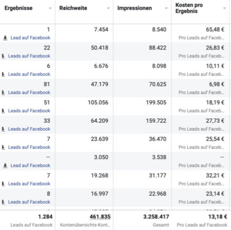 Meta Ads Performance: 1.284 Leads bei 13,18 € Cost-per-Lead und 3,2 Mio. Impressions